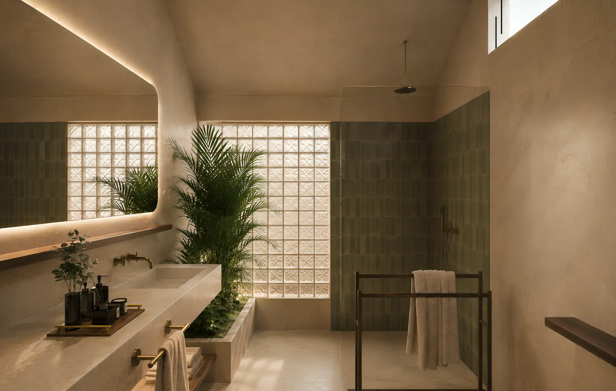 Spa-like bathroom with a rainfall shower, green tile and indoor planting