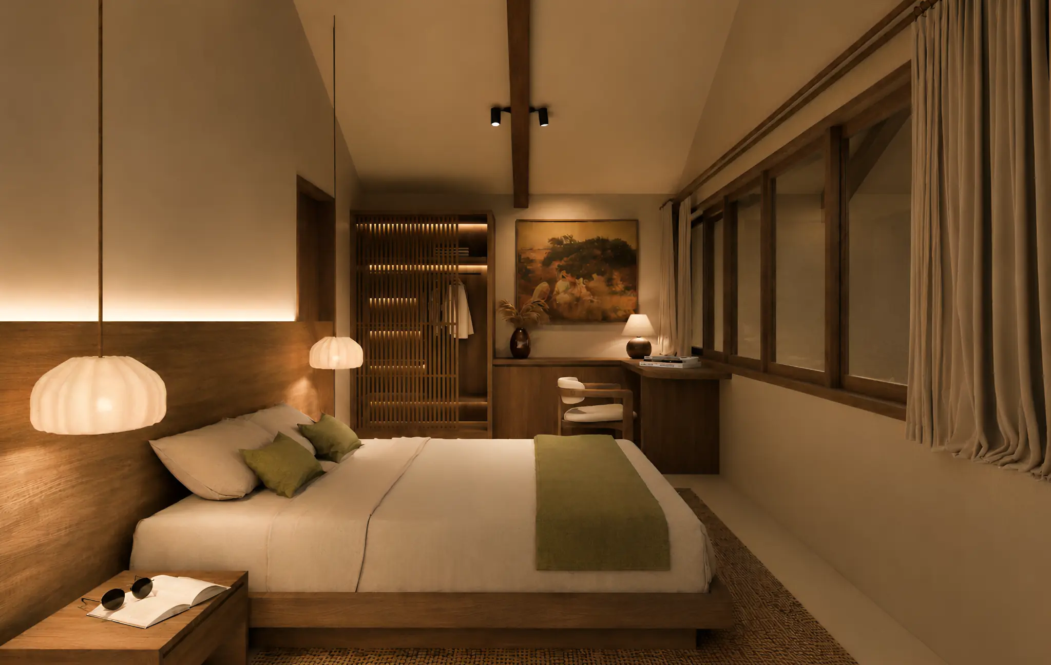 Warm enclosed bedroom with timber finishes and integrated desk