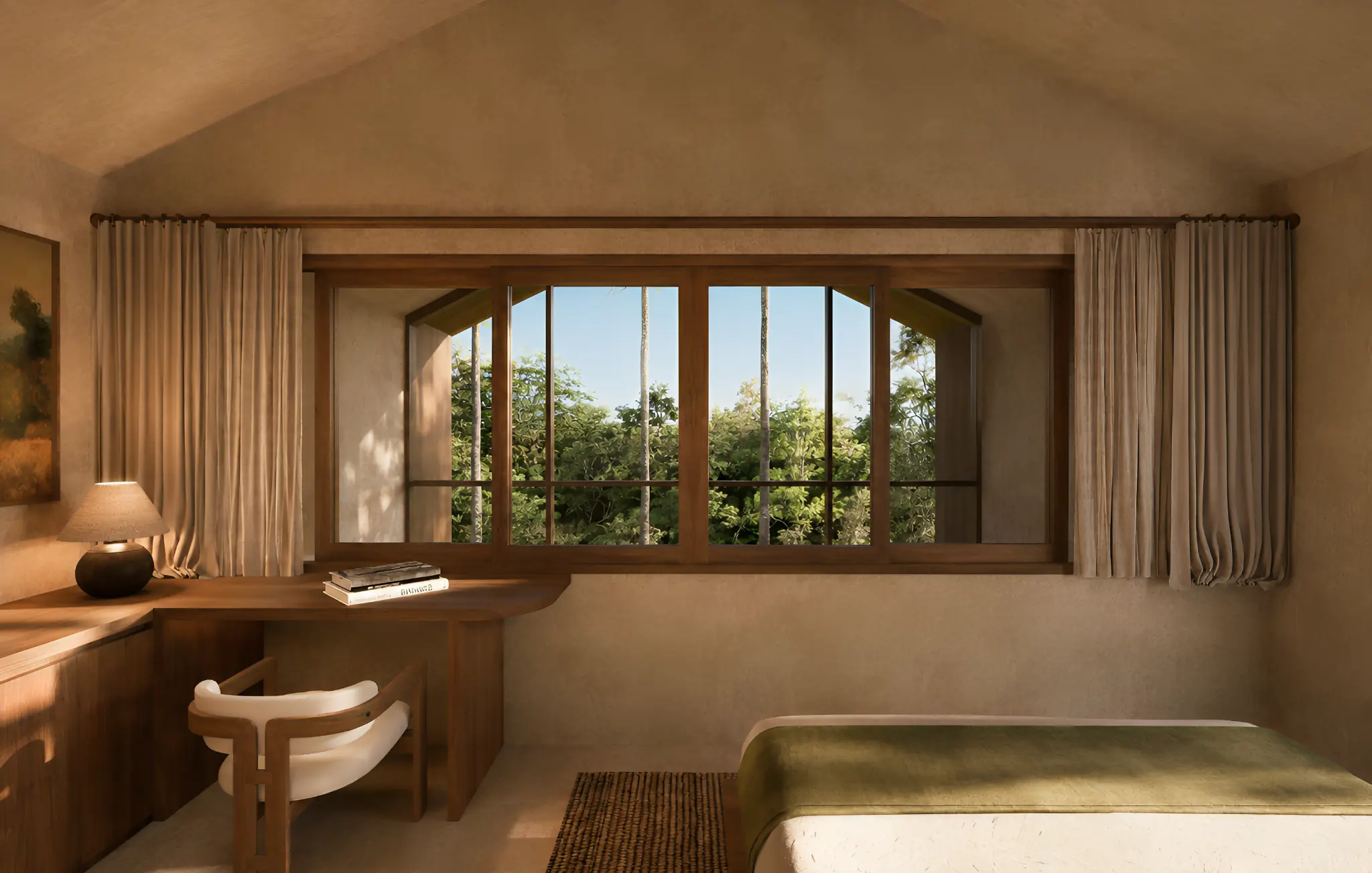 Enclosed bedroom with a wide framed view over tropical nature