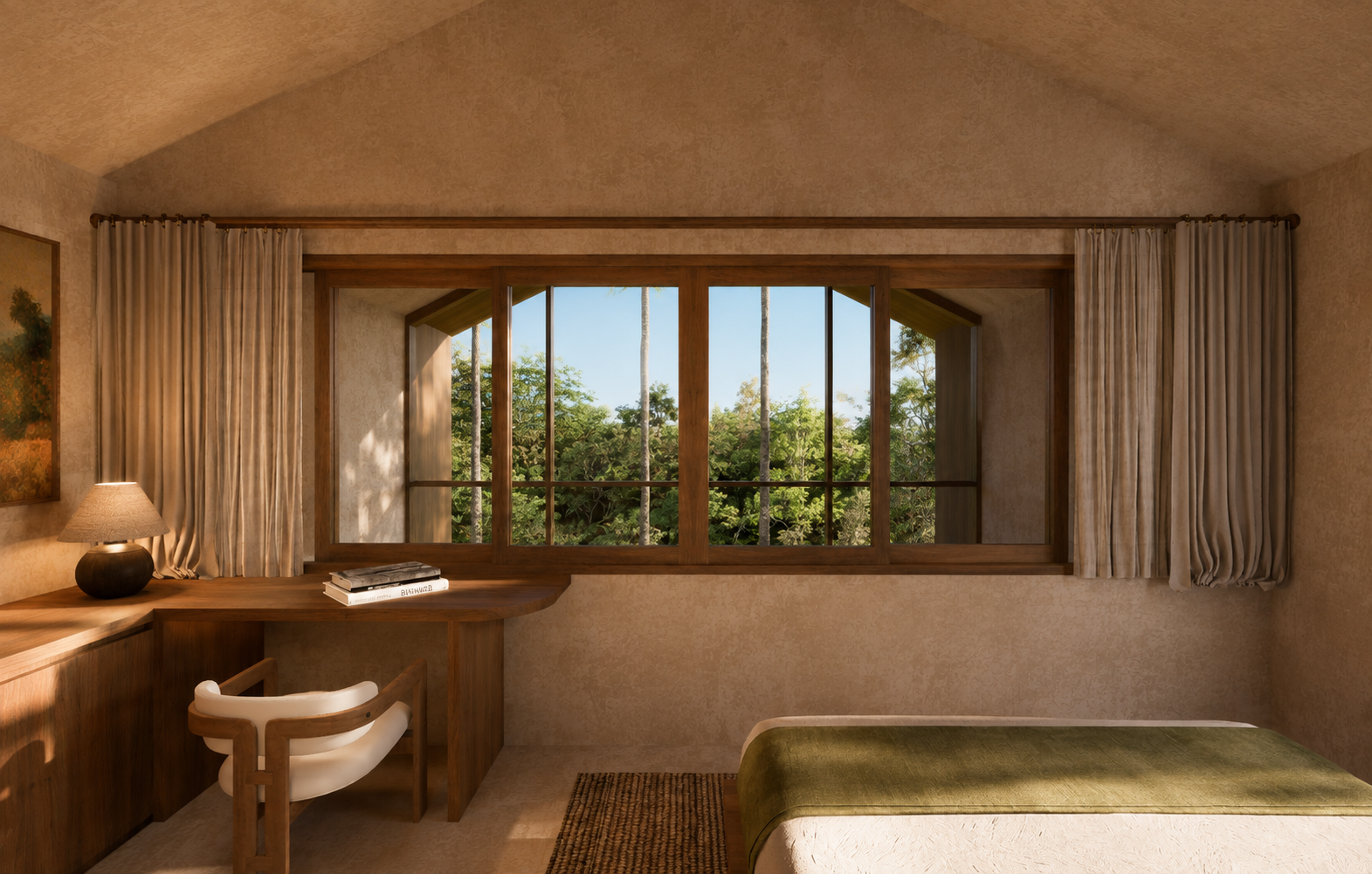 Enclosed bedroom with a wide framed view over tropical nature