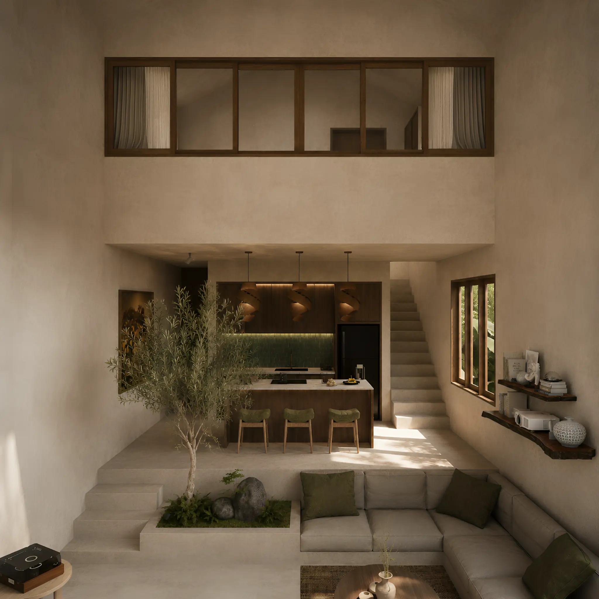 Expansive double-height lounge with an indoor tree and warm wood kitchen