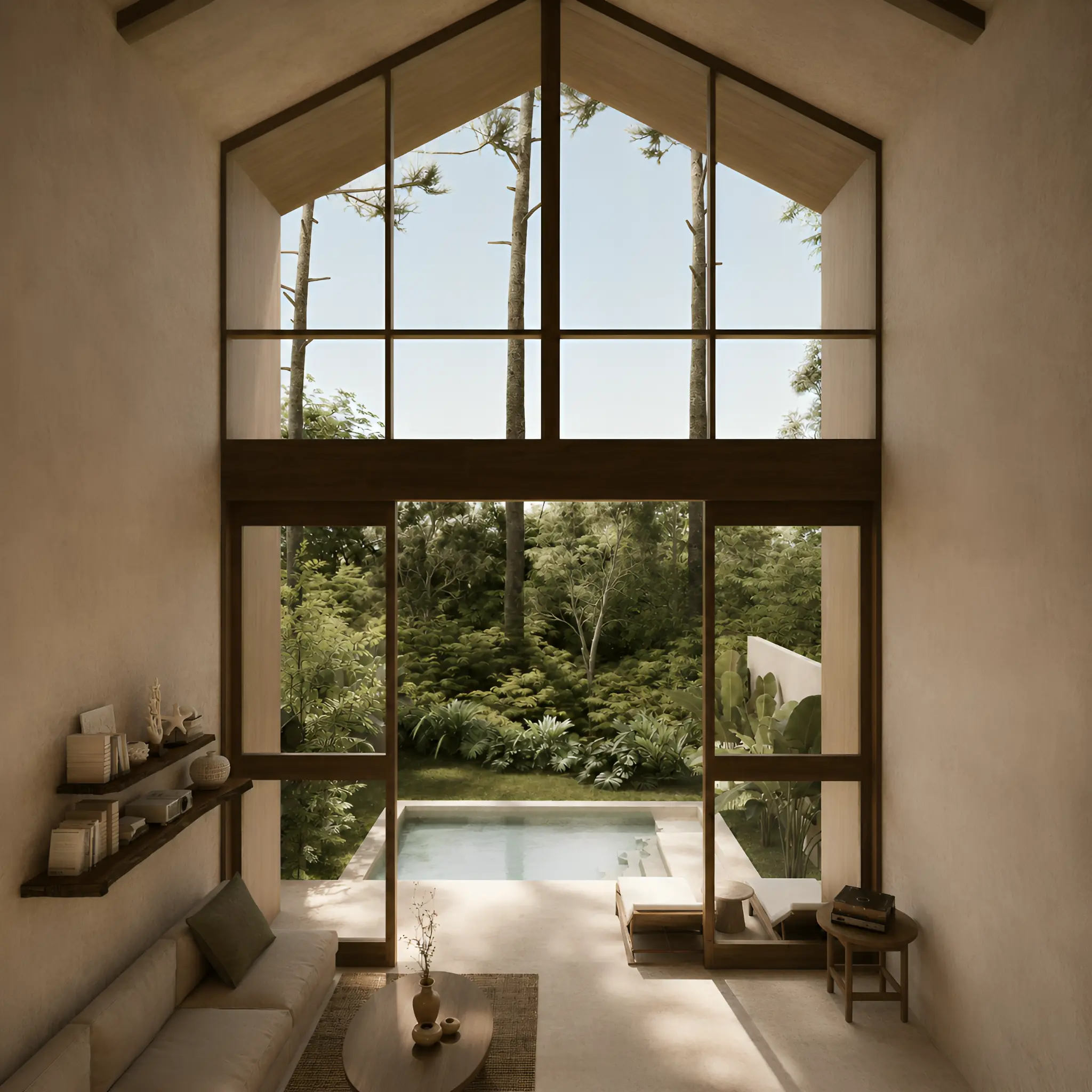 Double-height enclosed living room opening to a private pool and lush nature