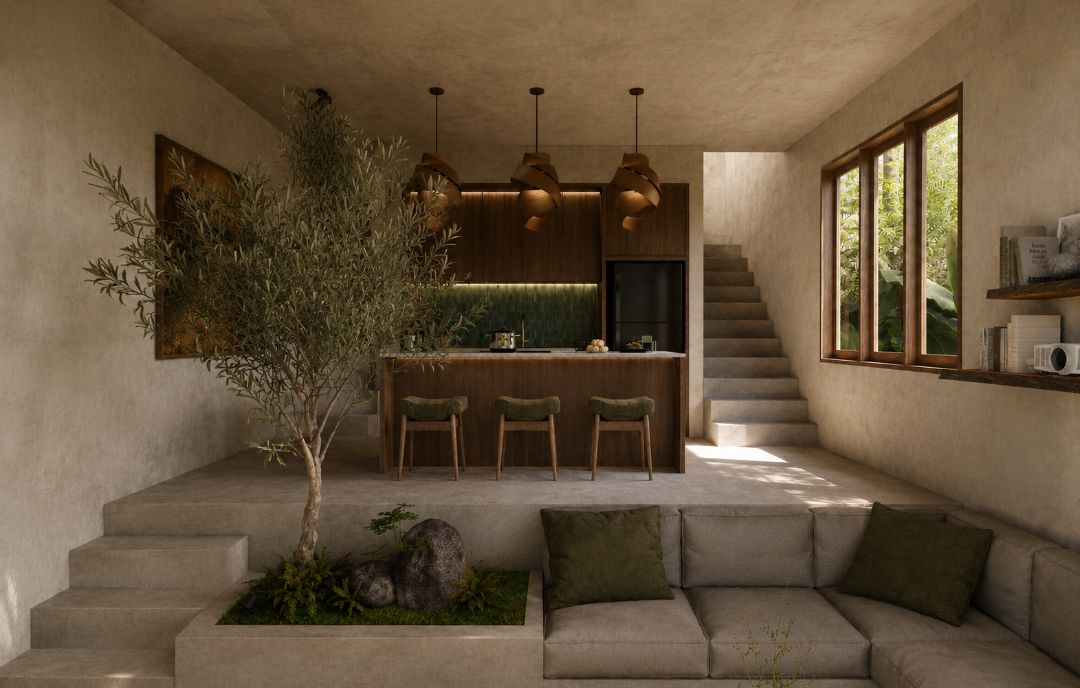 Sunken enclosed lounge with an indoor tree and warm wood kitchen