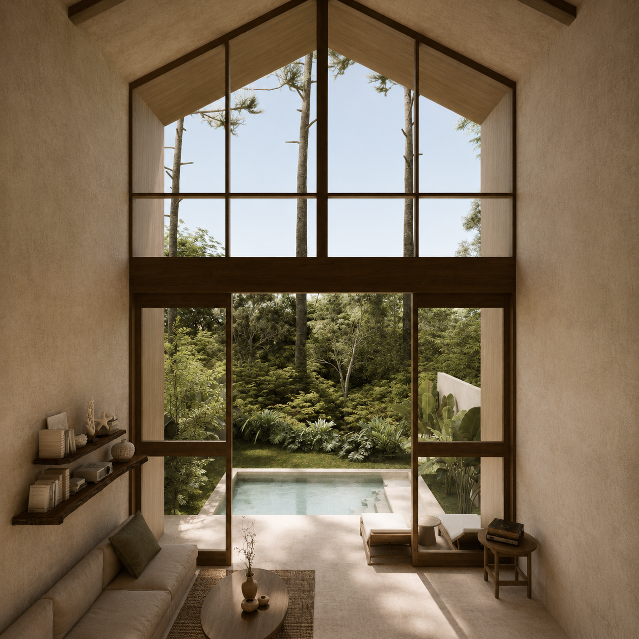 Double-height enclosed living room opening to a private pool and lush nature