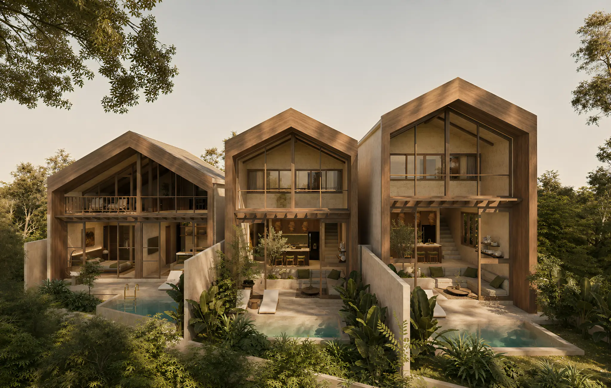 The three warm timber residences of Sela facing the surrounding Pecatu landscape
